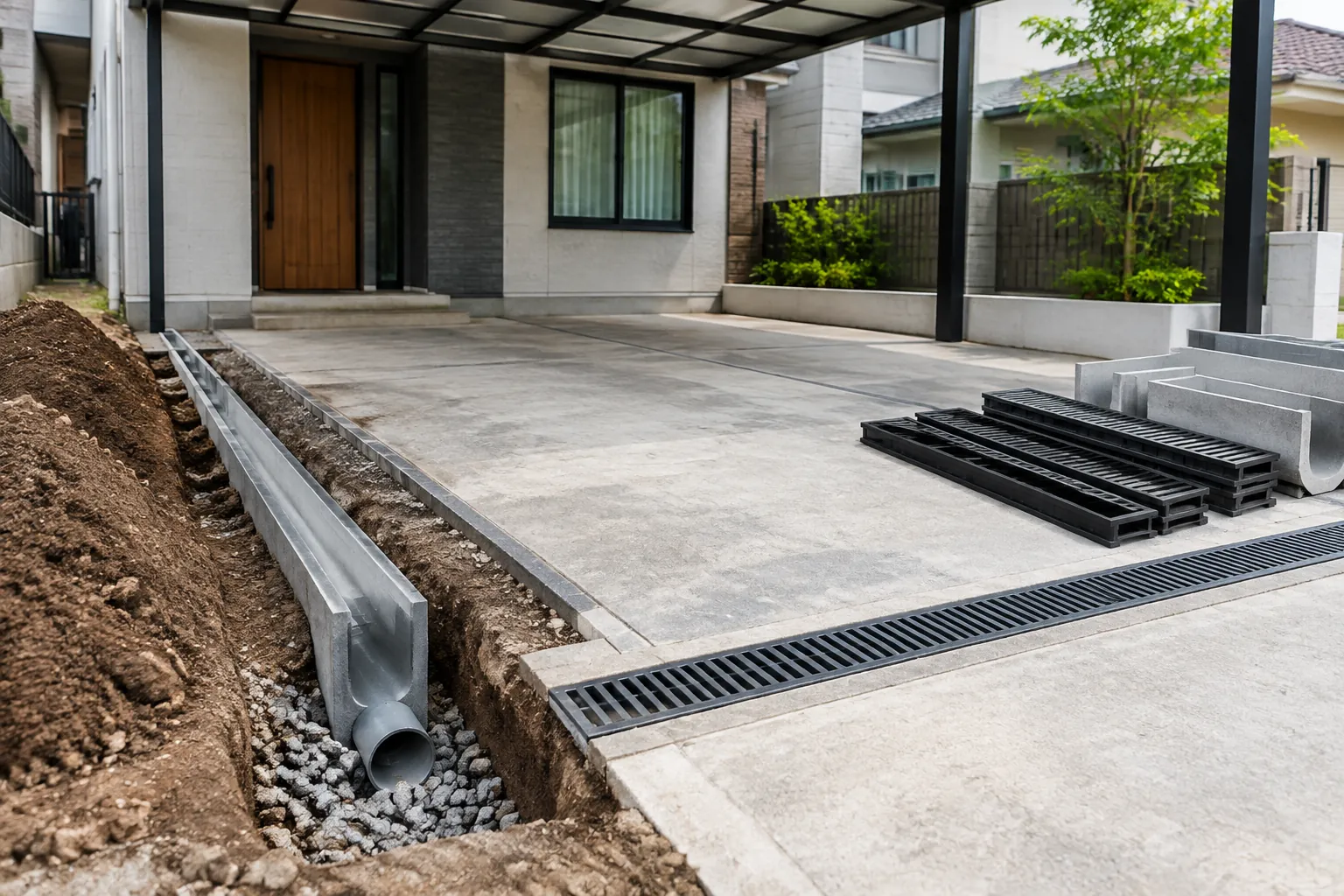 Parit tanah, pipa, dan kisi drain disiapkan saat pemasangan carport