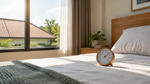 Tempat tidur dekat jendela dengan cahaya matahari masuk
