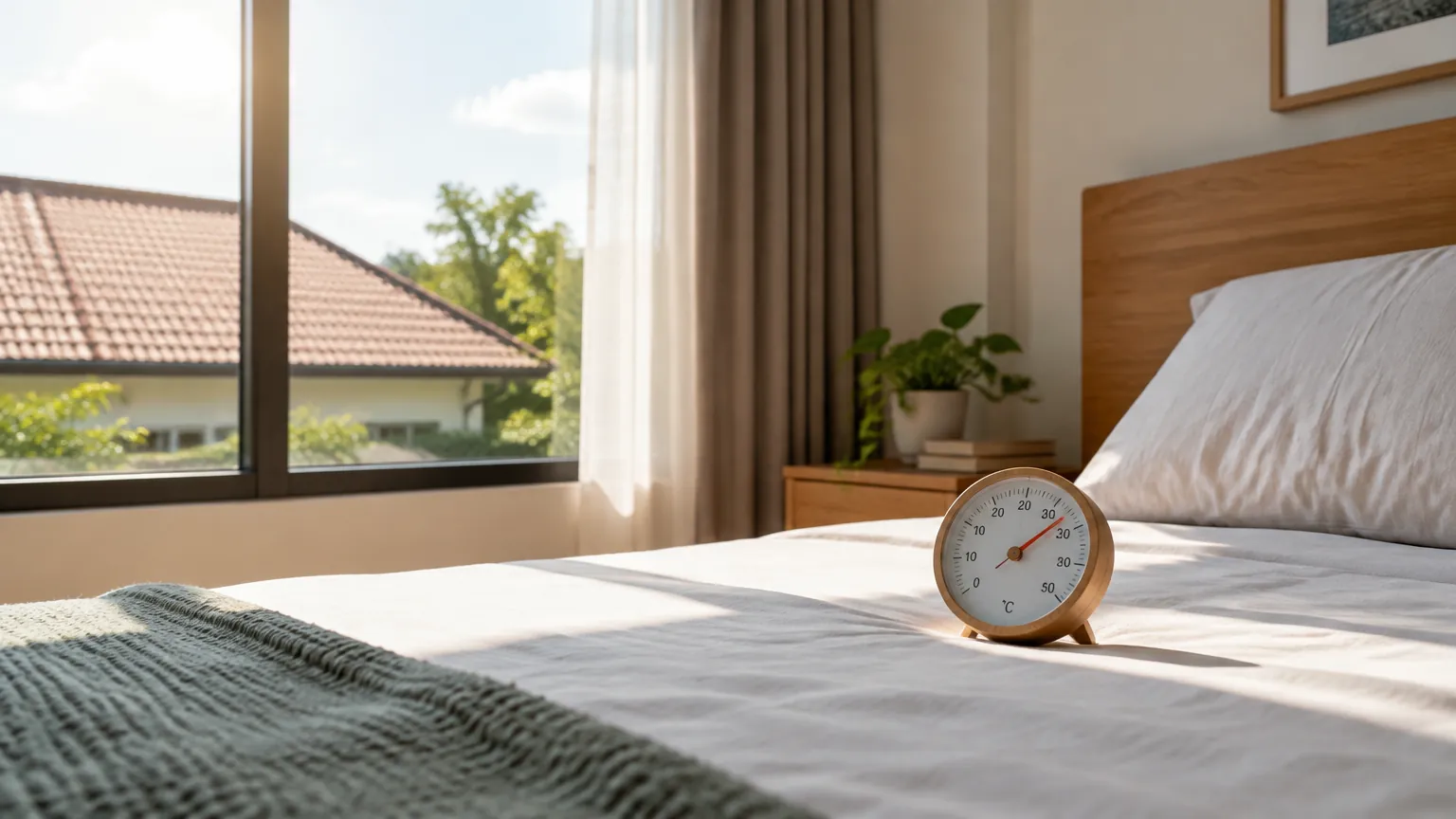 Tempat tidur dekat jendela dengan cahaya matahari masuk