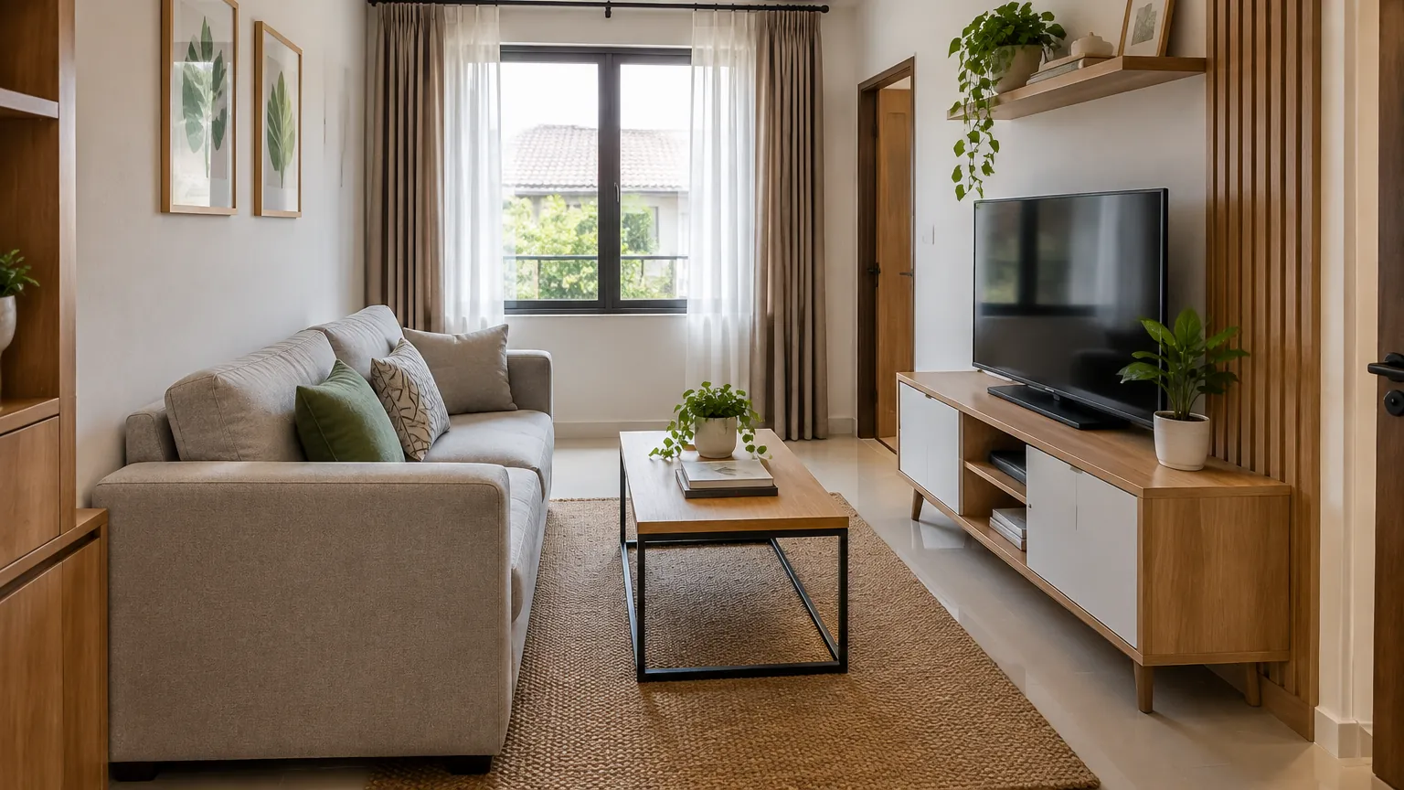 Ruang keluarga kecil dengan sofa dan lemari televisi