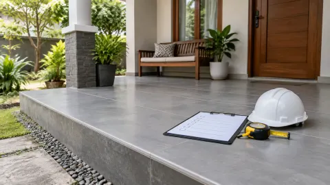 Teras rumah dengan helm kerja dan alat ukur