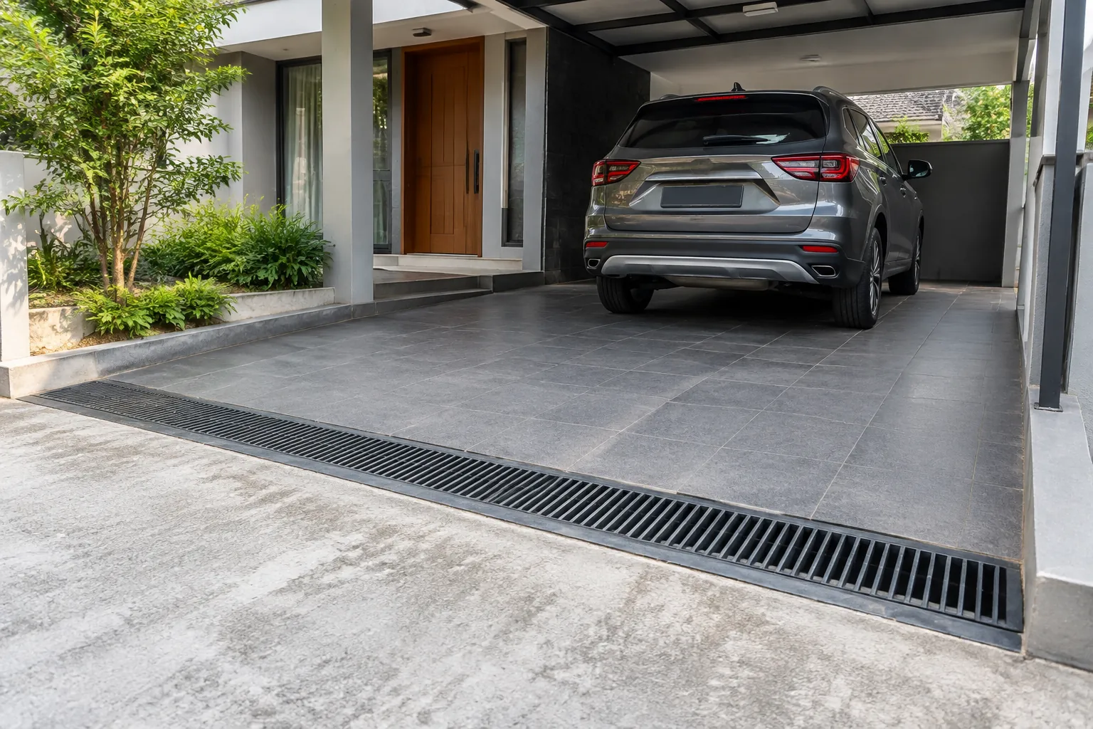 Kisi saluran linear melintang di depan jalur kendaraan carport