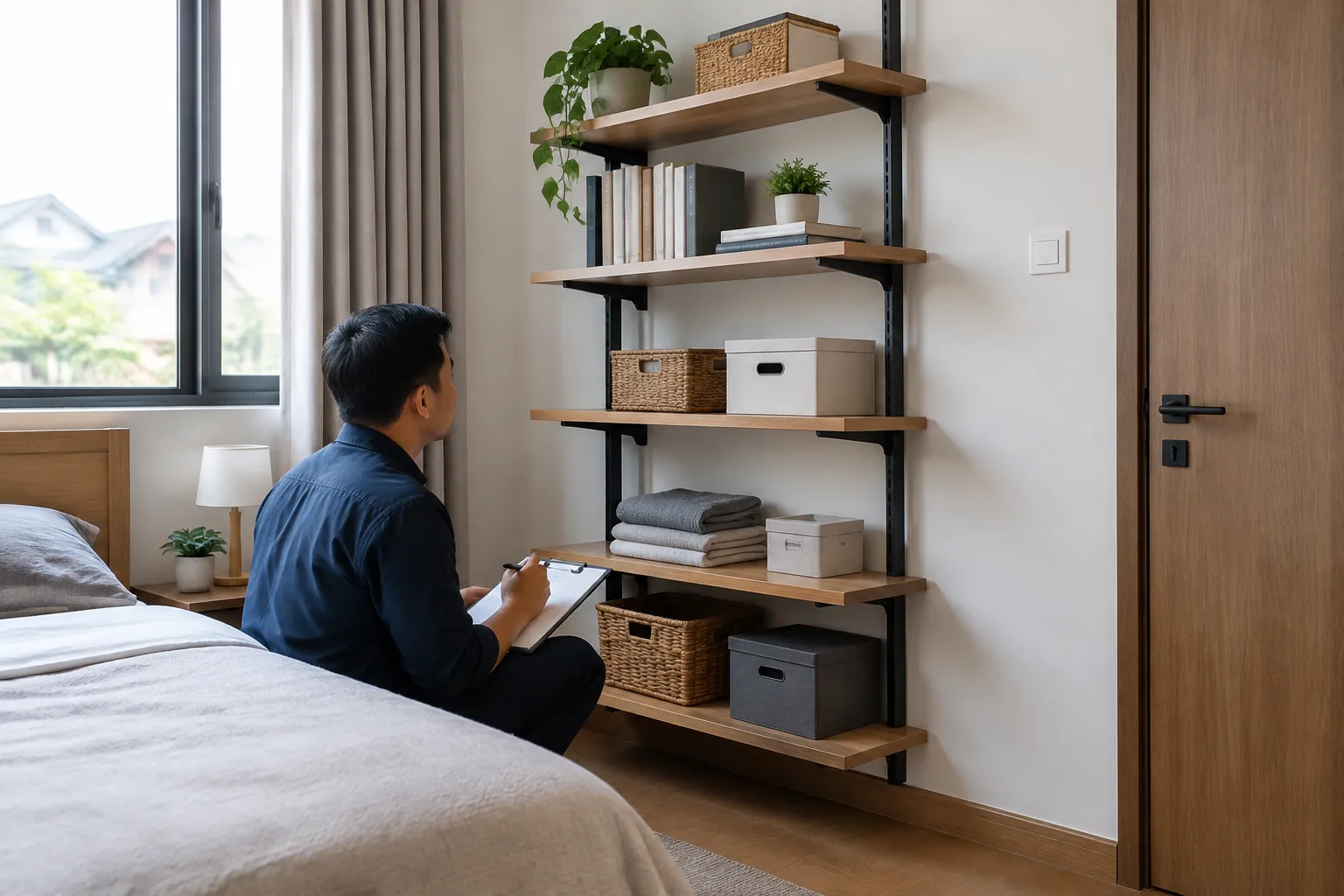 Seseorang meninjau rak dinding di kamar tidur
