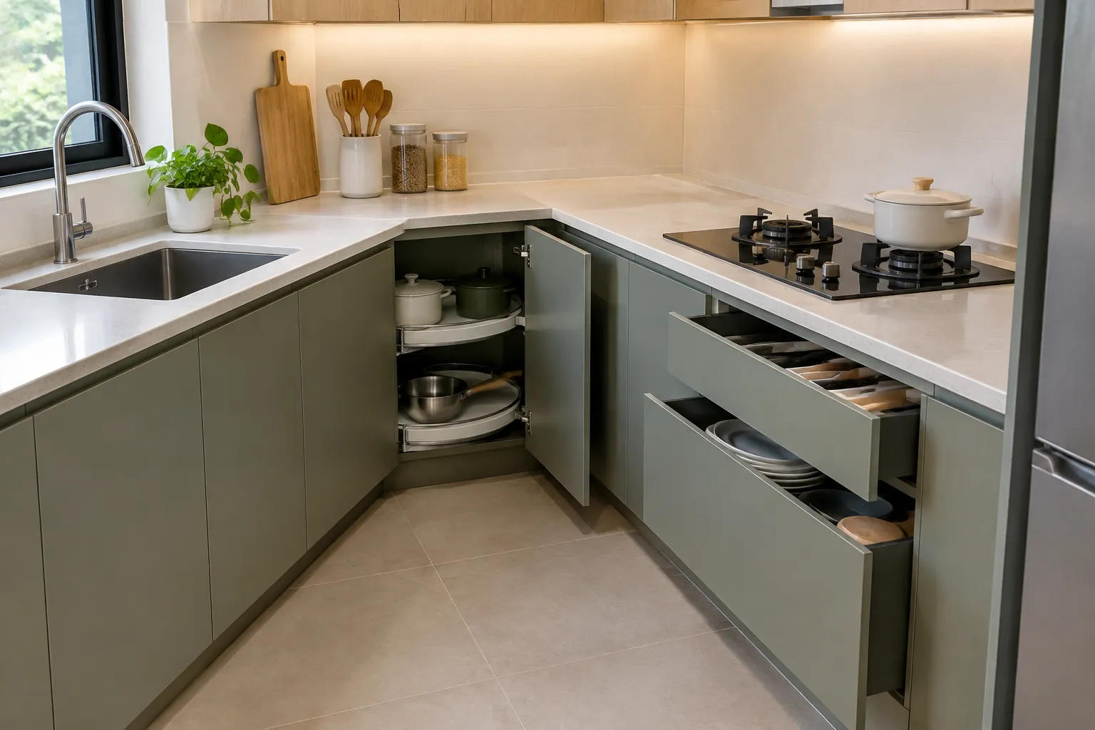 Kabinet sudut kitchen set berbentuk L terbuka