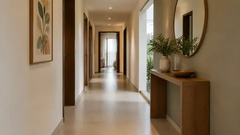 Lorong rumah dengan cermin bulat dan meja konsol