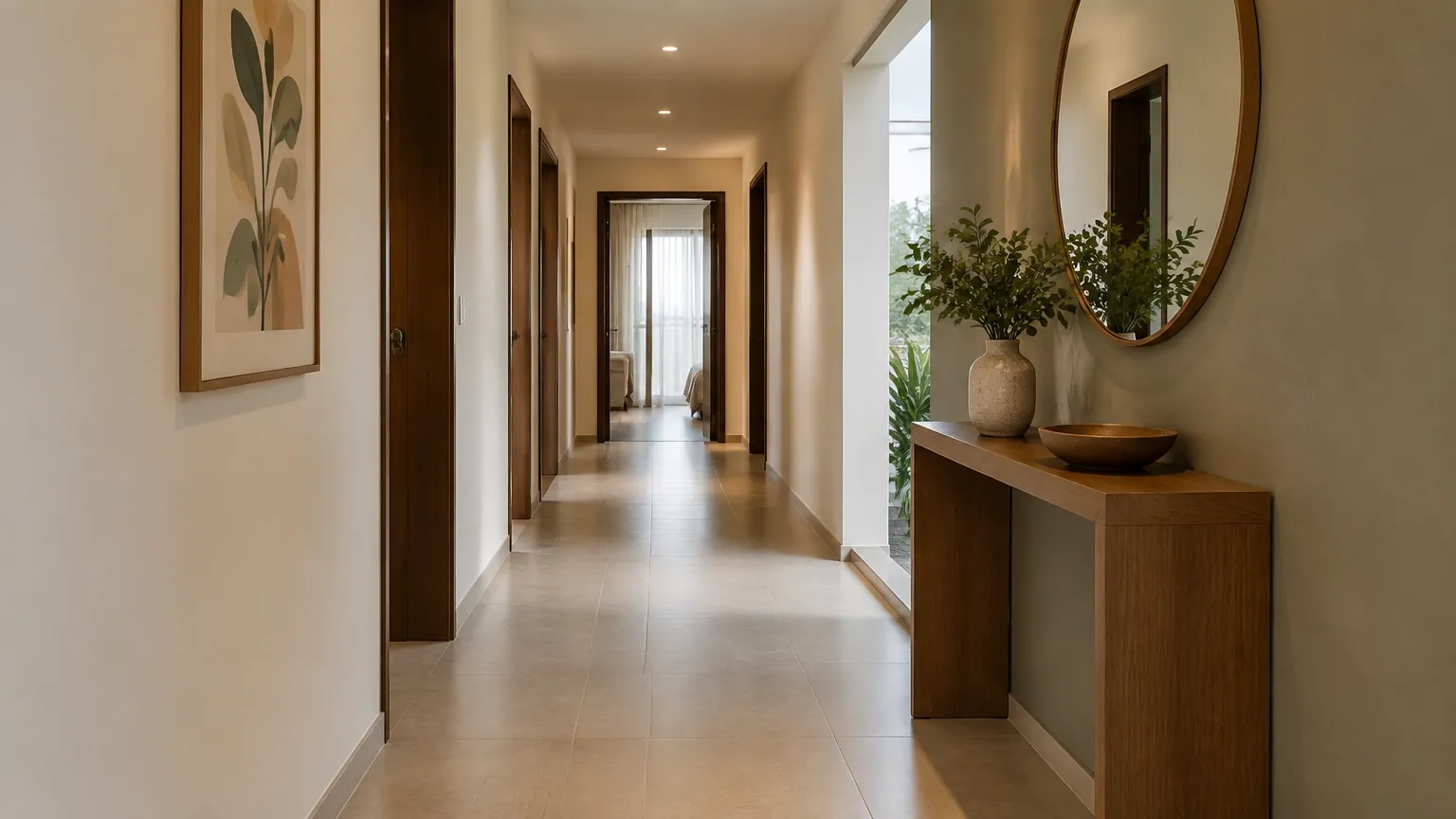 Lorong rumah dengan cermin bulat dan meja konsol