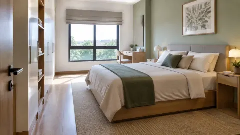 Kamar tidur dengan tempat tidur di dekat jendela