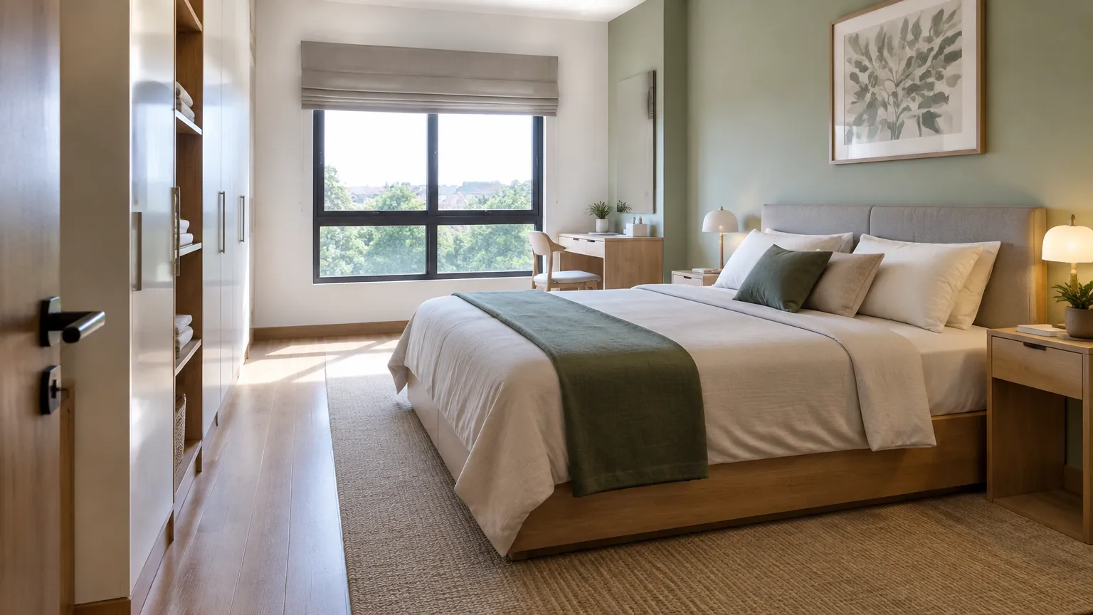 Kamar tidur dengan tempat tidur di dekat jendela