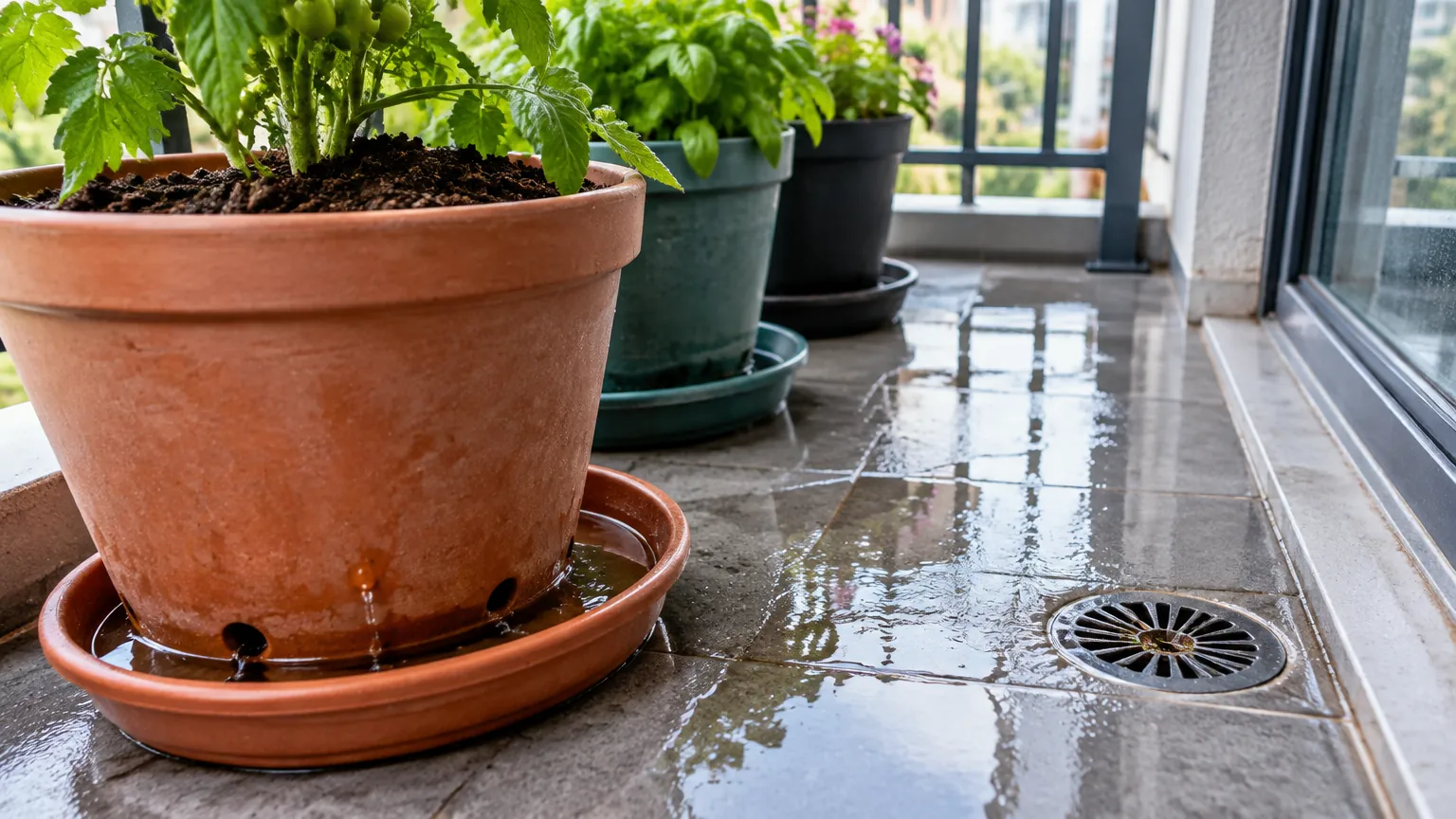 Pot tanaman di balkon dengan genangan dekat drainase