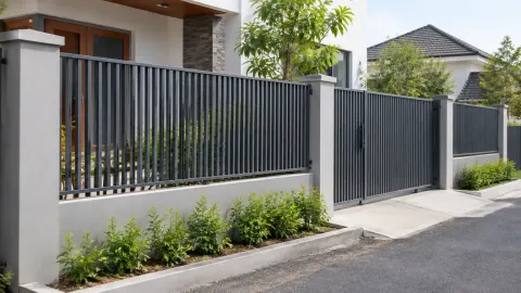 Gerbang logam dan pagar pada jalan depan rumah