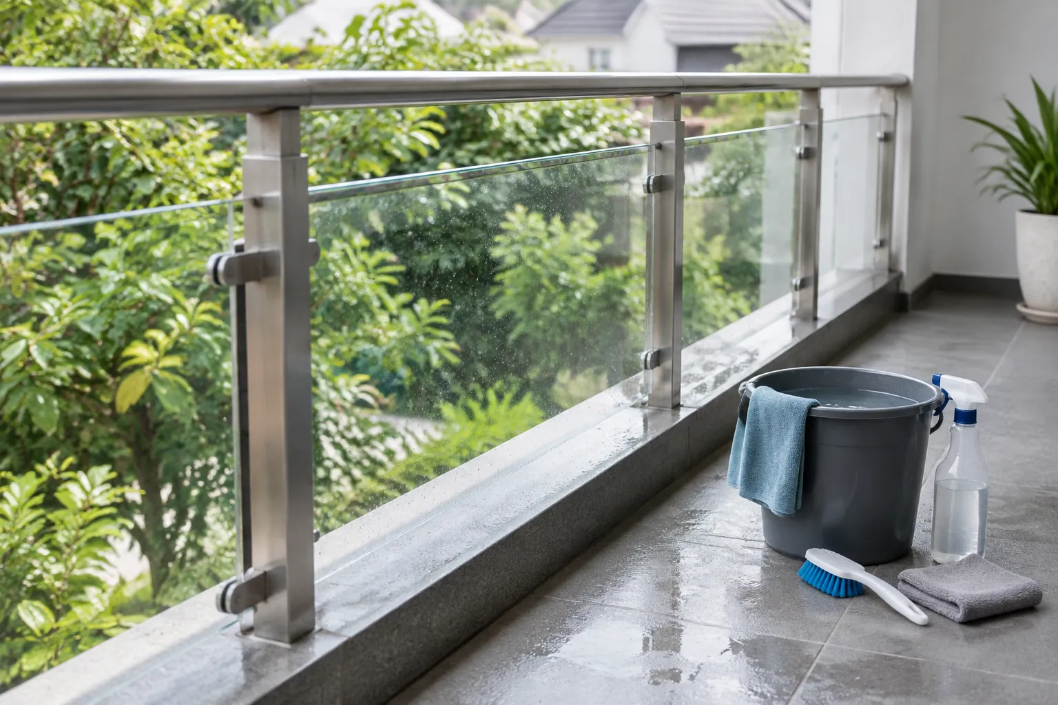 Peralatan pembersihan berada di samping panel pagar kaca balkon