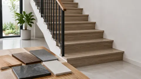 Tangga kayu dengan contoh bahan pijakan di meja dekatnya