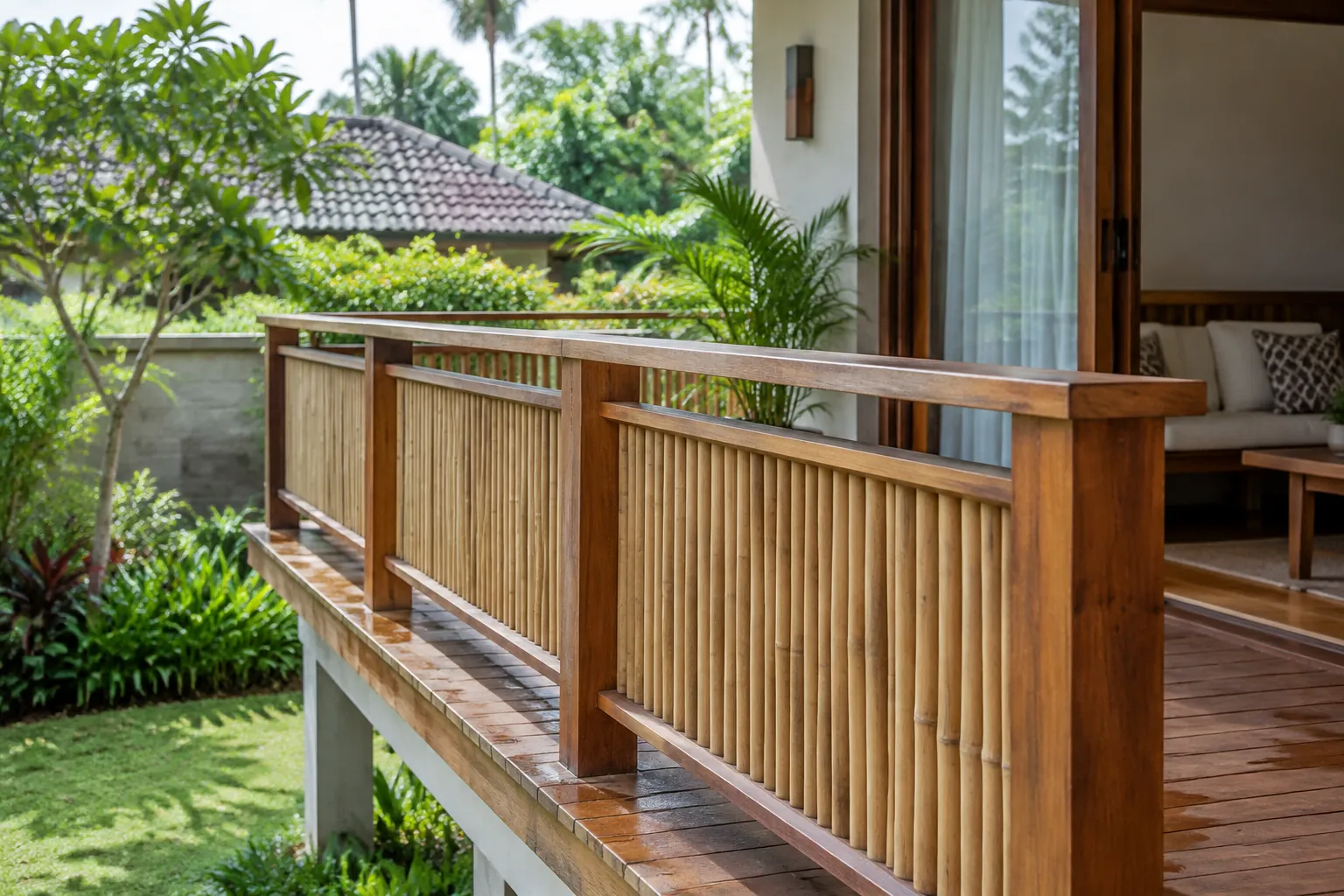 Pagar kayu balkon berada pada sisi rumah yang terbuka terhadap cuaca