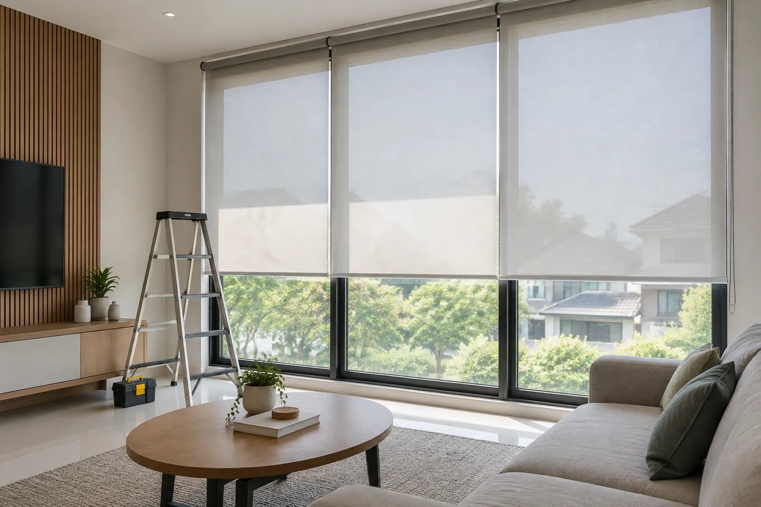 Roller blind terpasang.