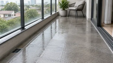 Balkon basah dengan saluran lantai di sisi kaca