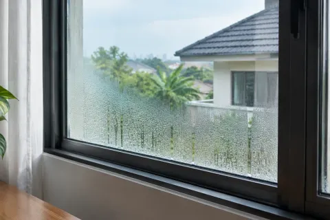 Embun pada kaca jendela ruang dalam