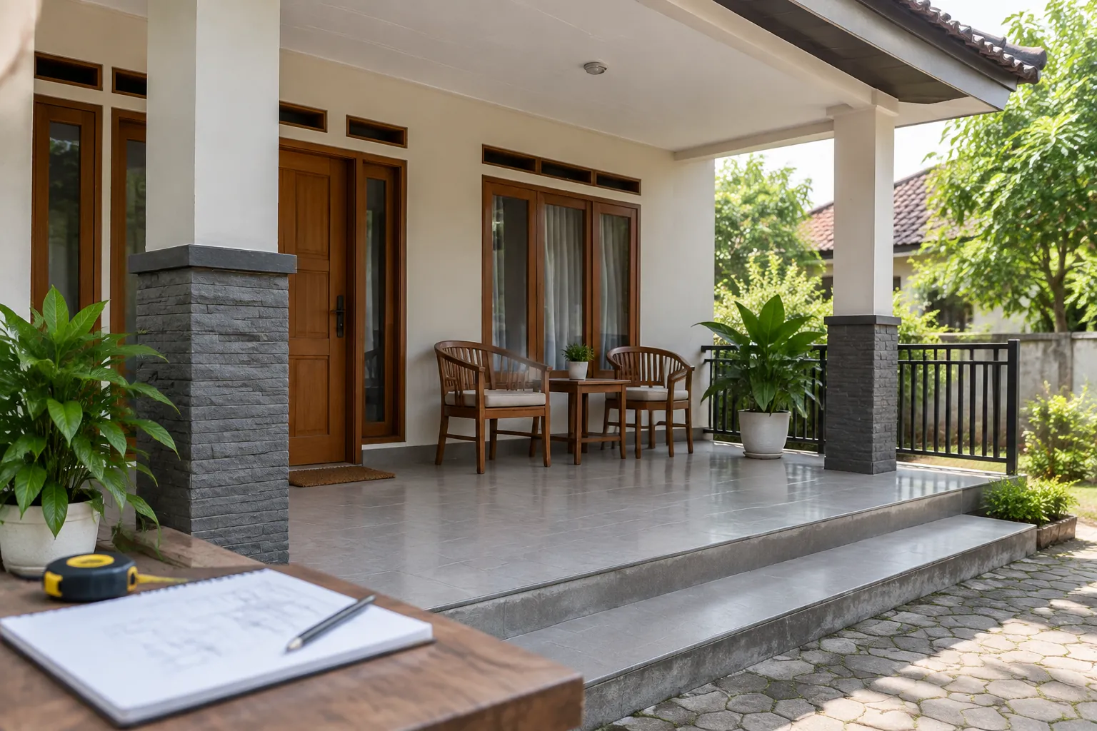 Teras beratap dengan kursi dan gambar rencana di bagian depan