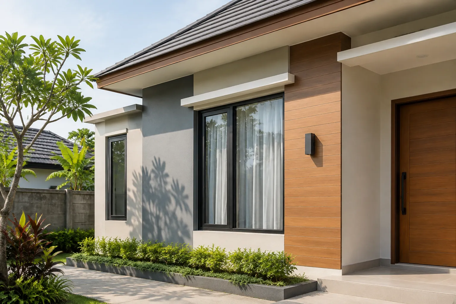 Fasad rumah tropis dengan dinding terang, aksen kayu, dan tanaman tepi bangunan