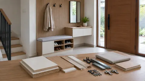 Contoh panel, perangkat keras, dan bahan furnitur di depan area foyer