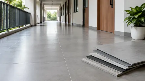 Lorong panjang dengan lantai abu-abu dan contoh bahan di tepi