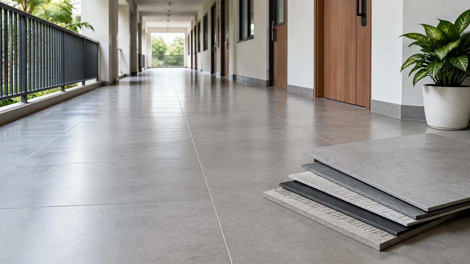 Lorong panjang dengan lantai abu-abu dan contoh bahan di tepi