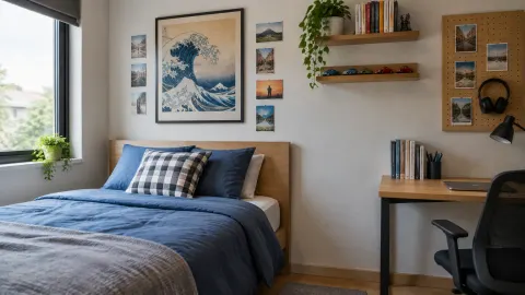Kamar remaja dengan gambar dinding dan rak di atas meja belajar