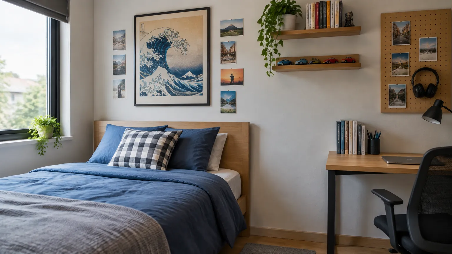 Kamar remaja dengan gambar dinding dan rak di atas meja belajar