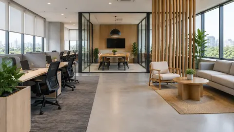 Kantor dengan zona meja kerja dan ruang diskusi di belakang sekat
