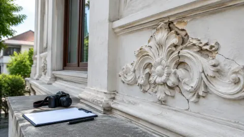 Ornamen fasad berwarna terang dengan bagian yang rusak