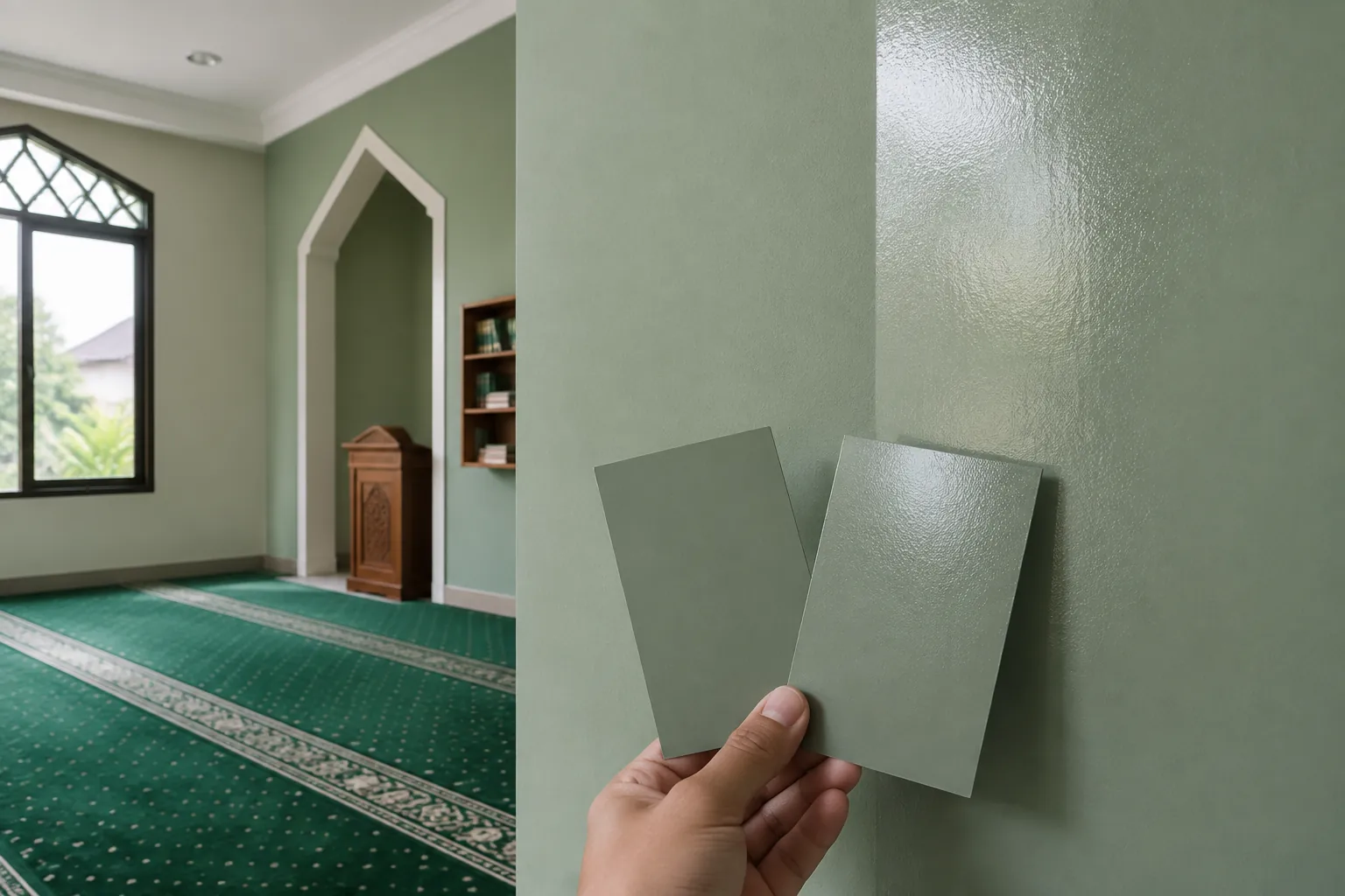 Sampel warna hijau di depan dinding mushola