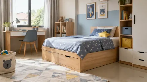 Tempat tidur anak dengan laci bawah dan meja belajar
