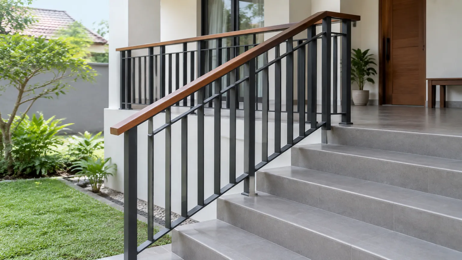 Tangga luar rumah dengan railing logam dan pegangan kayu