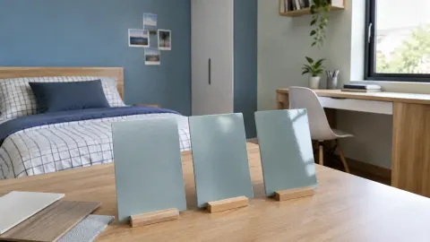 Sampel warna biru keabu-abuan dibandingkan di depan kamar remaja