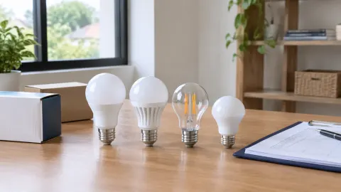 Beberapa bentuk bohlam dan lampu LED di atas meja