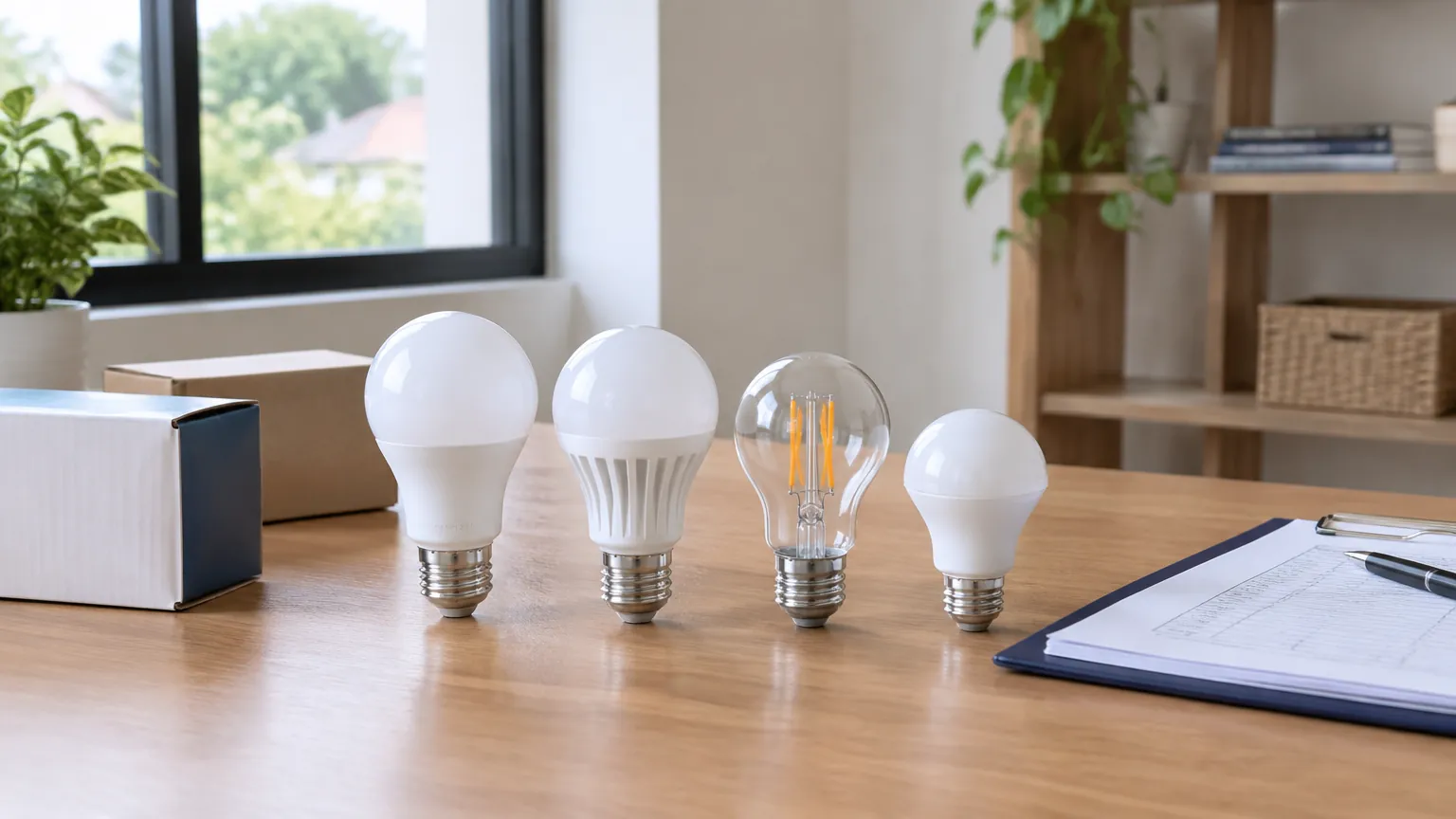 Beberapa bentuk bohlam dan lampu LED di atas meja
