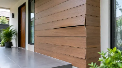 Panel pelapis kayu pada dinding teras