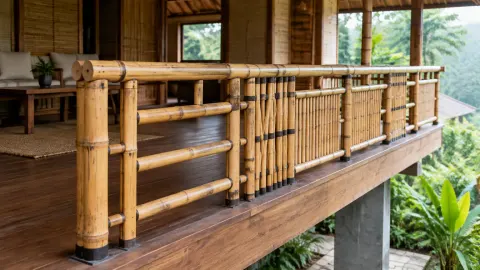 Railing bambu pada teras rumah kayu