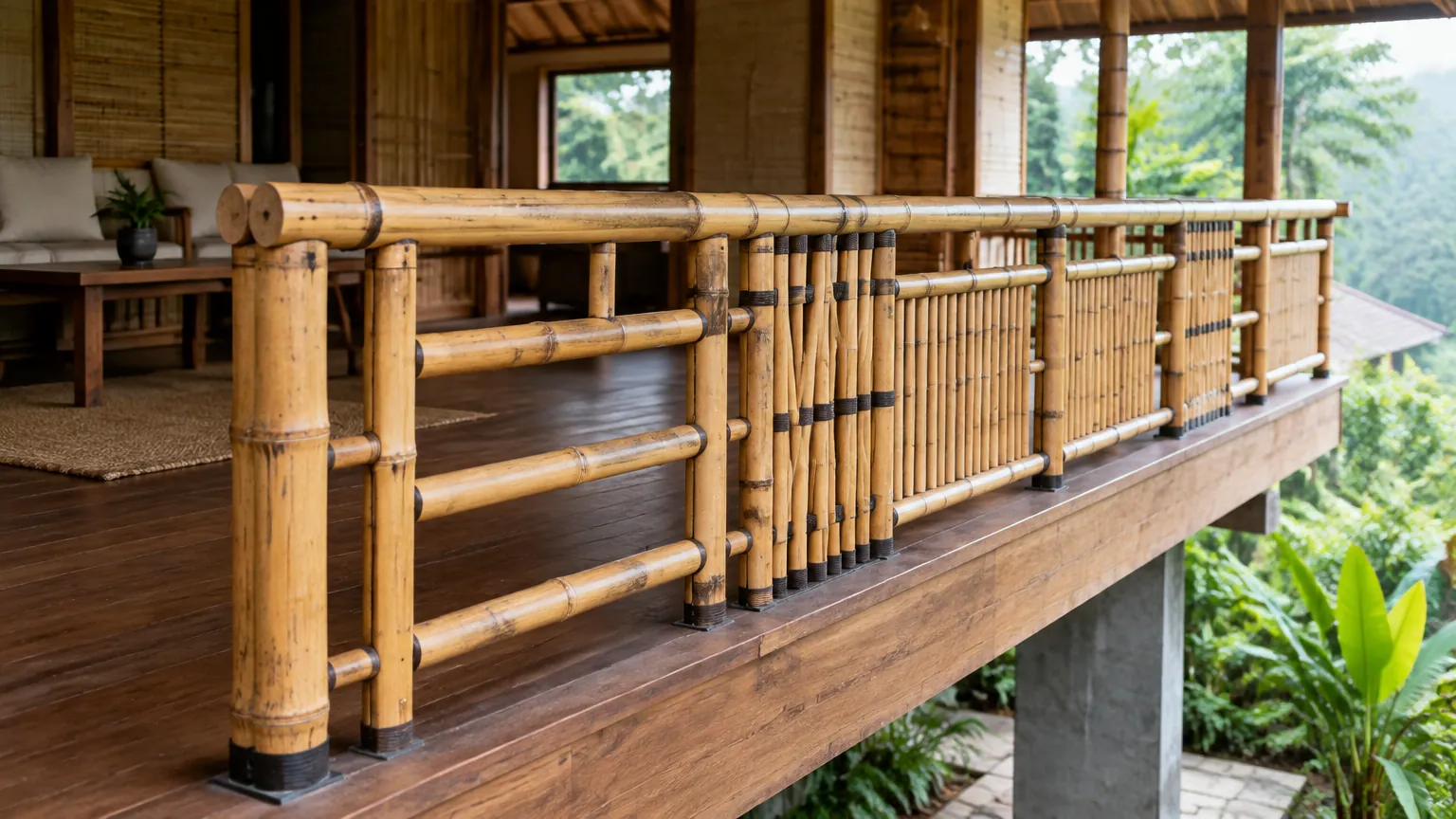 Railing bambu pada teras rumah kayu