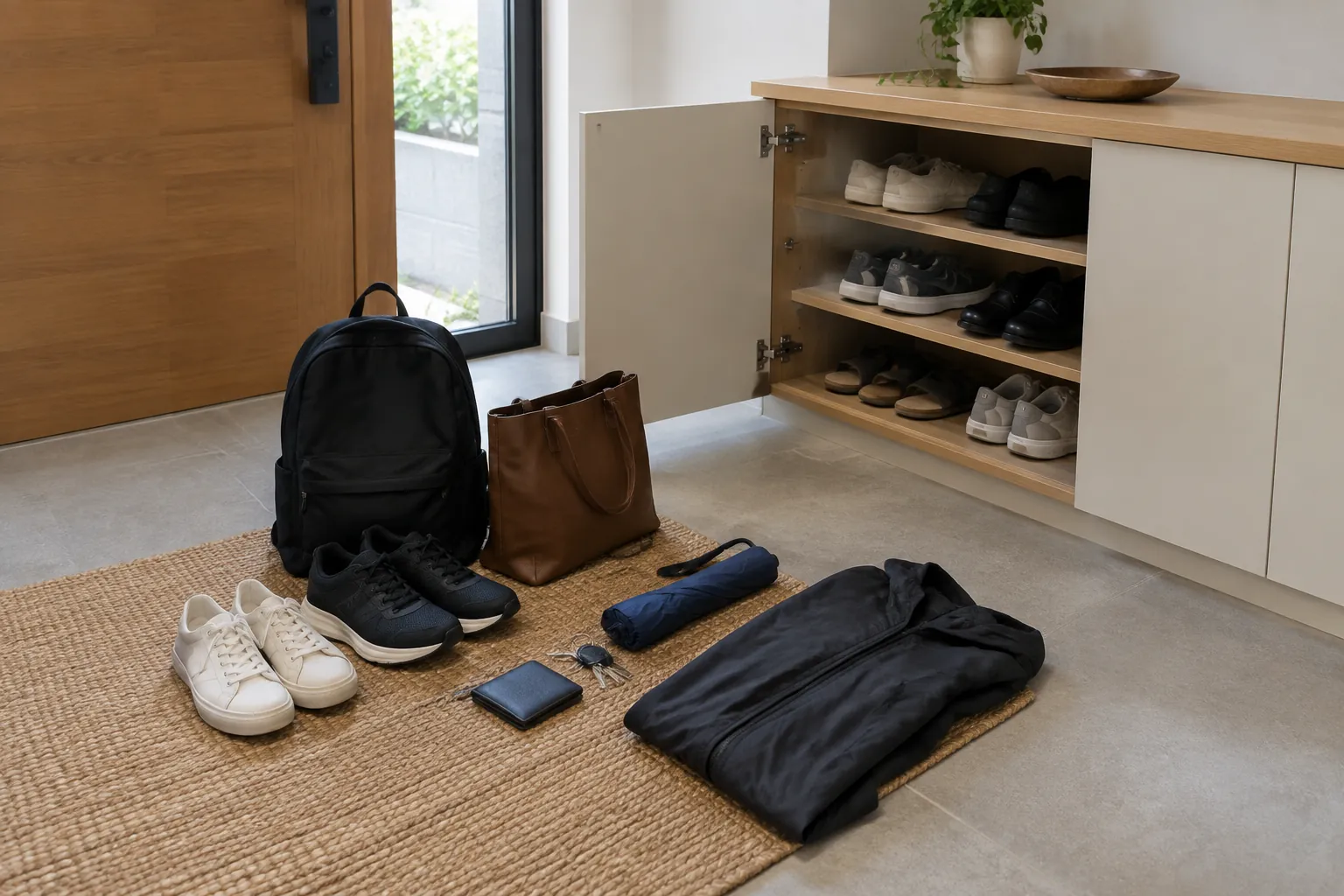 Sepatu dan tas diletakkan di dekat kabinet penyimpanan foyer