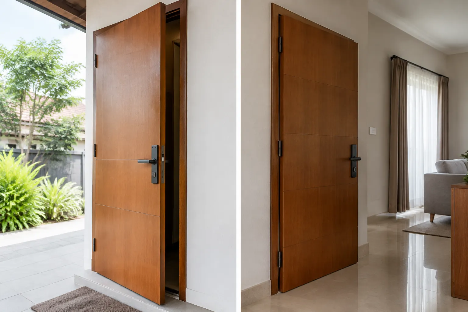 Pintu kayu pada sisi luar dan sisi dalam rumah