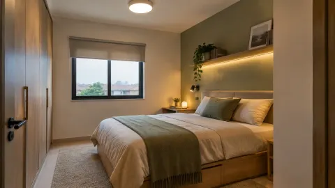 Kamar tidur dengan lampu plafon dan lampu samping tempat tidur