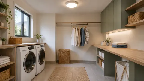 Ruang laundry dengan mesin cuci, meja lipat, dan lampu plafon