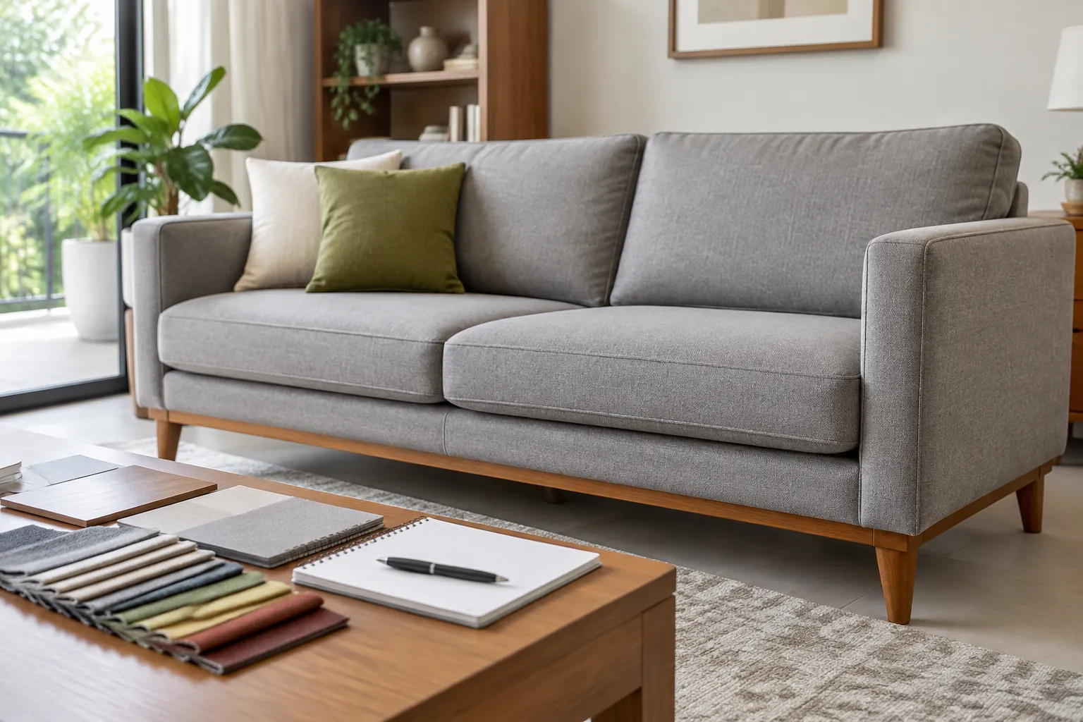 Sofa abu-abu dengan sampel kain dan kayu di meja depannya