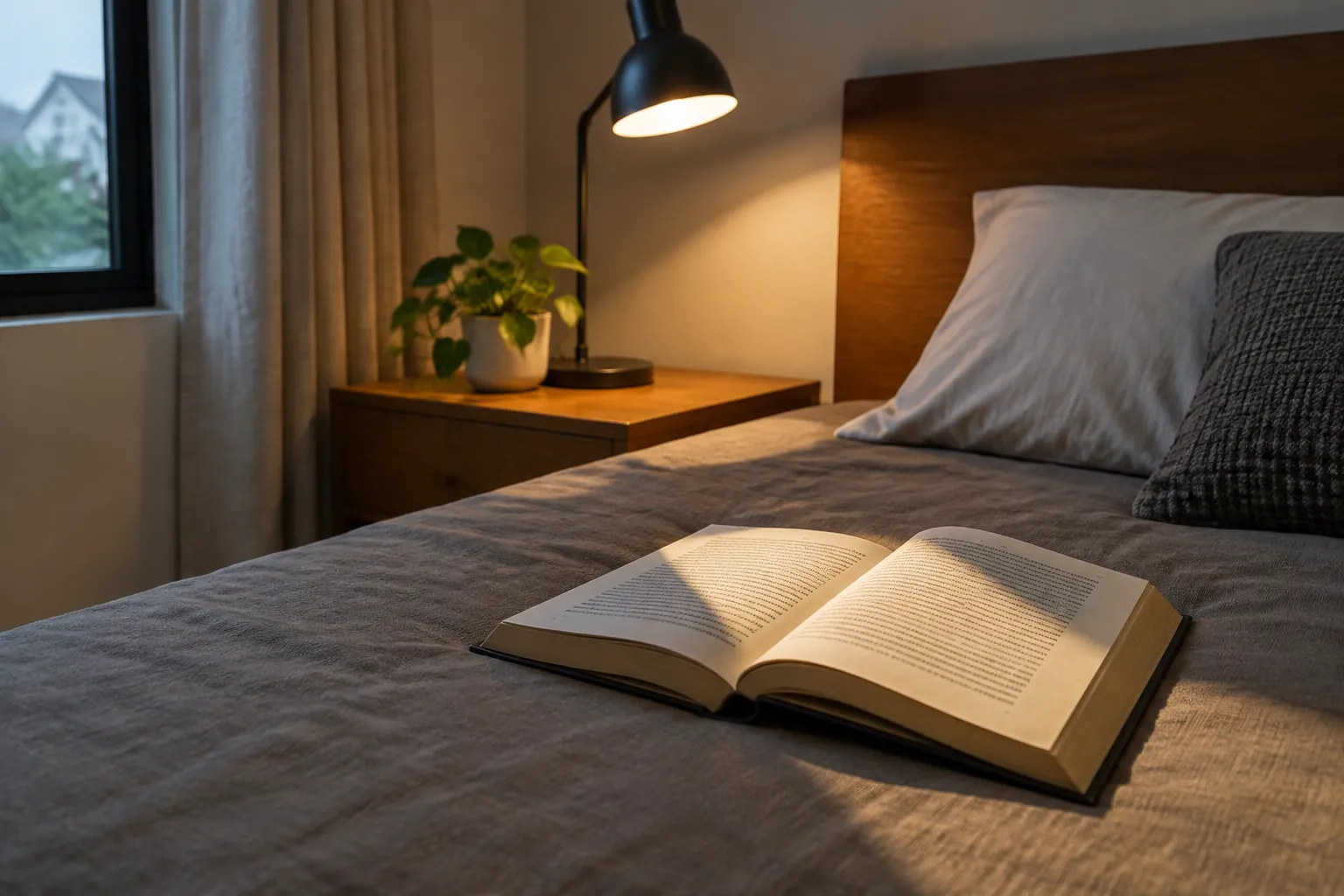 Buku terbuka di atas tempat tidur dengan lampu baca