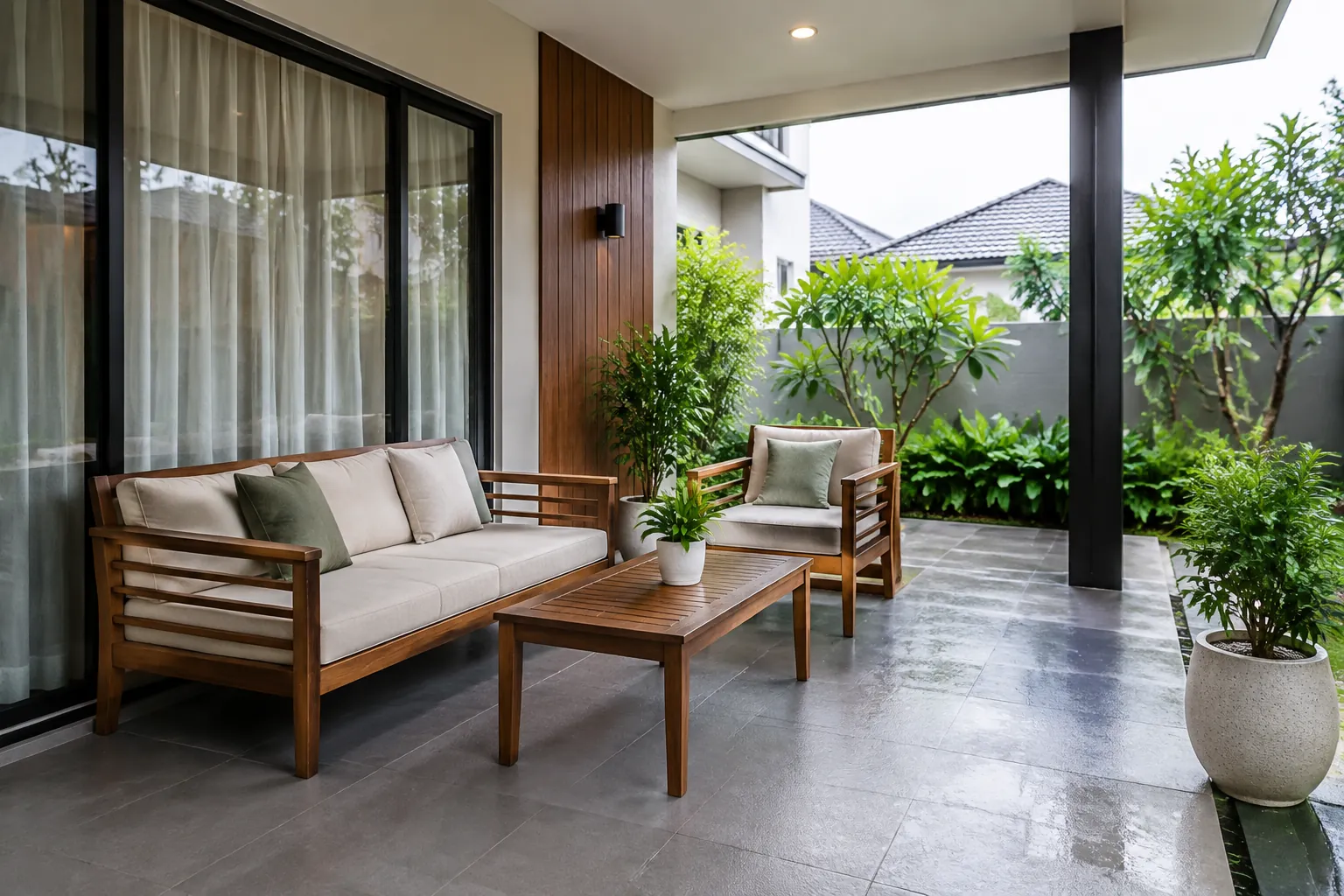 Teras beratap dengan lantai basah, sofa, dan tanaman.
