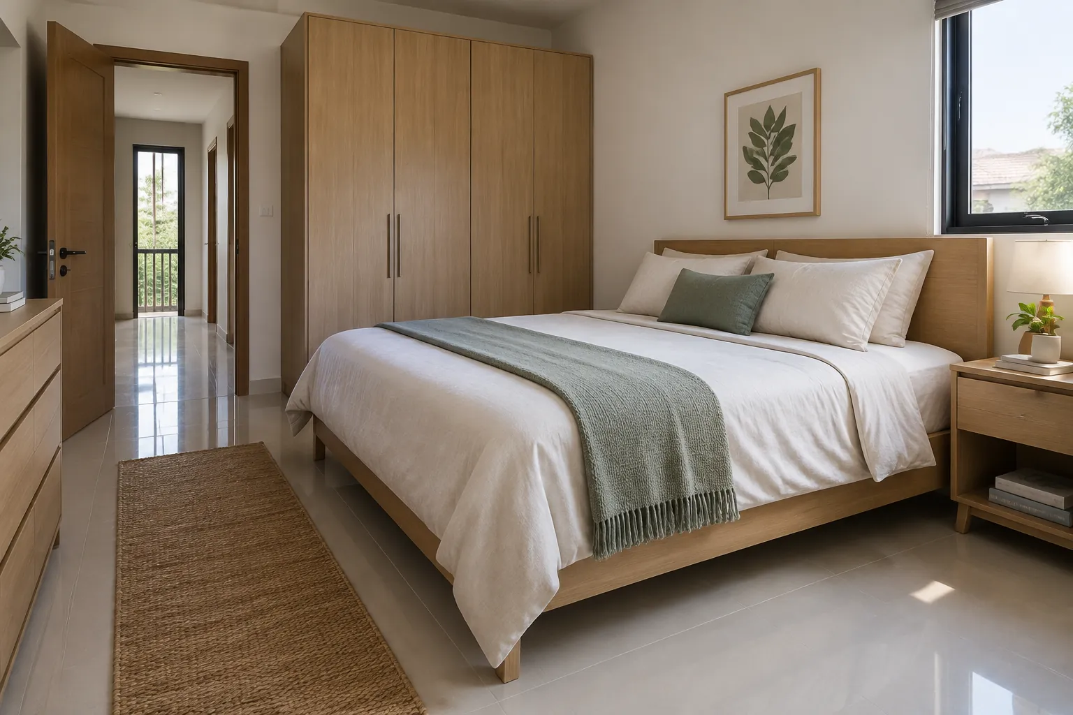 Kamar tidur dengan lemari besar di samping ranjang