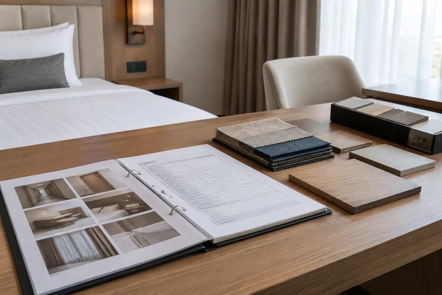 Buku spesifikasi dan sampel pelapis kamar hotel di meja