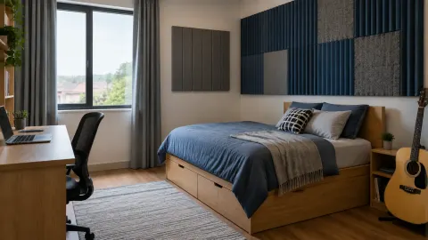 Kamar remaja dengan bidang panel pada dinding belakang tempat tidur