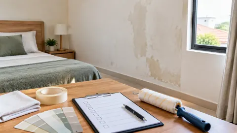 Dinding kamar bernoda di belakang sampel cat dan perlengkapan kerja