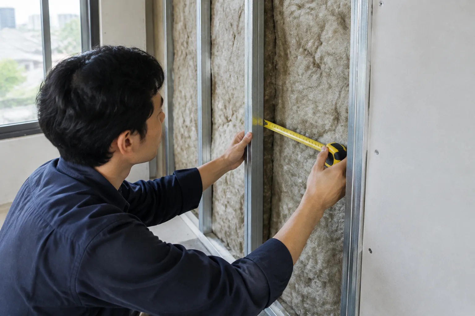 Pekerja mengukur dinding dengan bahan insulasi berserat terbuka.